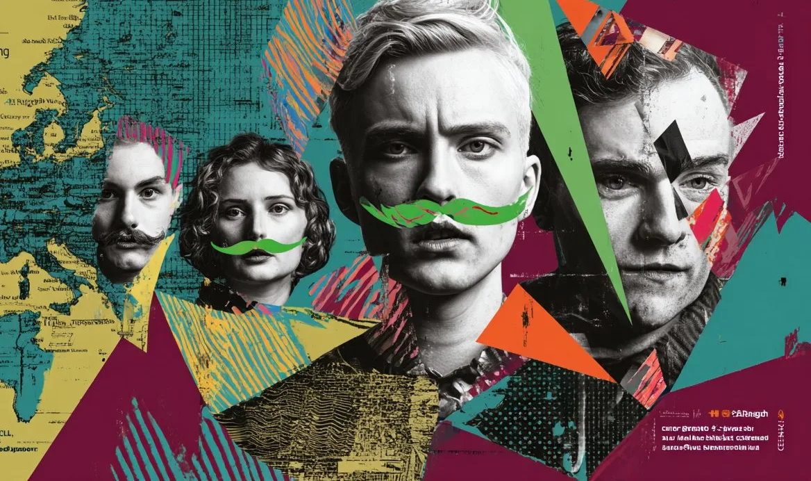 Halftone map of Europe collaged with black-and-white portraits wearing green mustaches